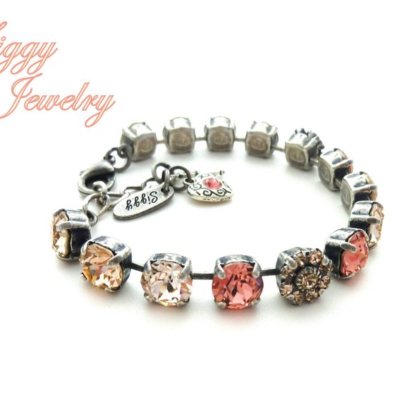 Austrian Crystal Tennis Bracelet with Flower Embellishments in Peachy Colors - Picture 4 of 8